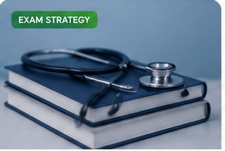 Medical books and stethoscope for exam strategy